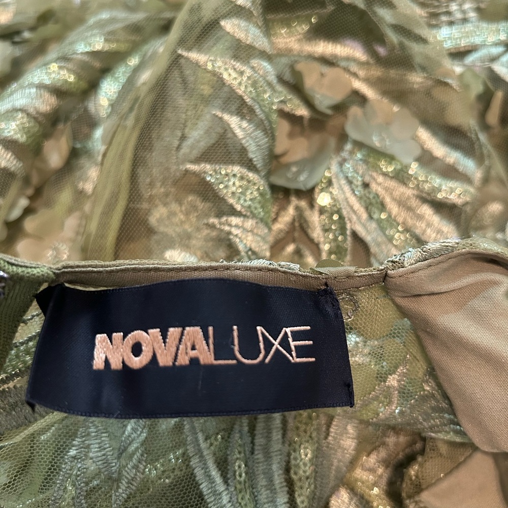 FASHION NOVA Jumpsuit Pants Dress Olive Floral Lace V-Neck Sequins Sheer S-M - Picture 8 of 10